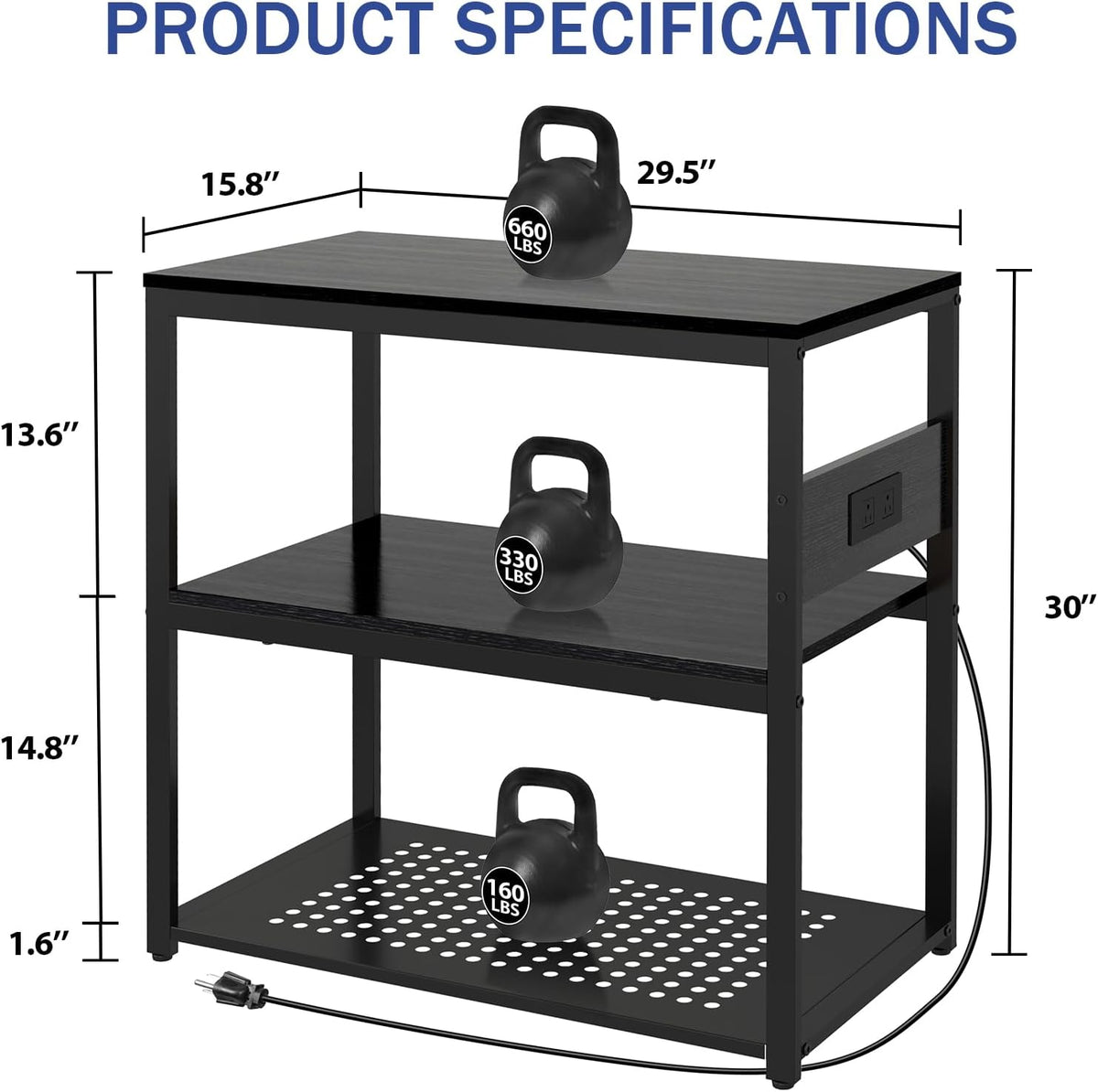 20-29 Gallon Fish Tank Stand with Power Outlets, 3-Tier Metal Aquarium Stand, Breeder Reptile Tank
