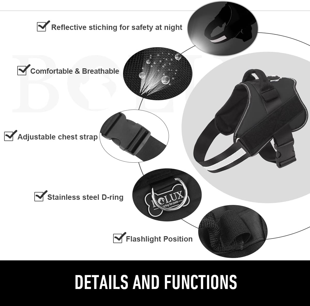 Bolux Dog Harness, No-Pull Reflective Dog Vest, Breathable Adjustable Pet Harness with Handle for