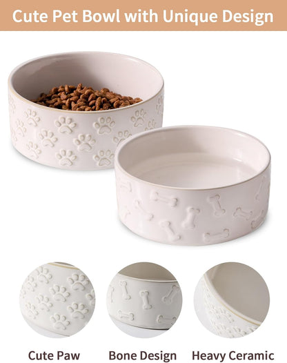 UBEE Ceramic Dog Bowl Set of 2, 5.1 inch Dog Food Bowl Dish with Bone or Paw Pattern, Pet Food