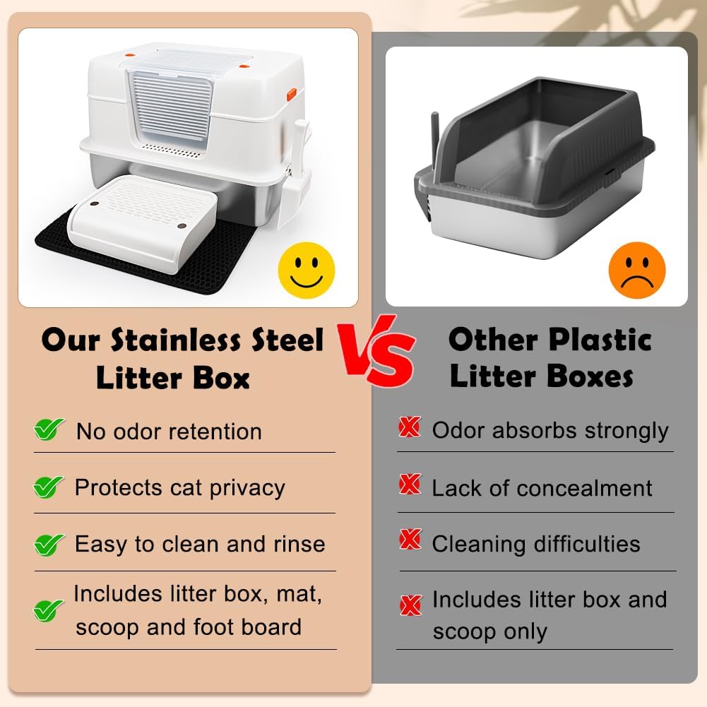 Vivifying Stainless Steel Litter Box with Lid, XL Side Entry Extra Large Litter Box for Big Cats &
