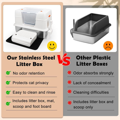 Vivifying Stainless Steel Litter Box with Lid, XL Side Entry Extra Large Litter Box for Big Cats &
