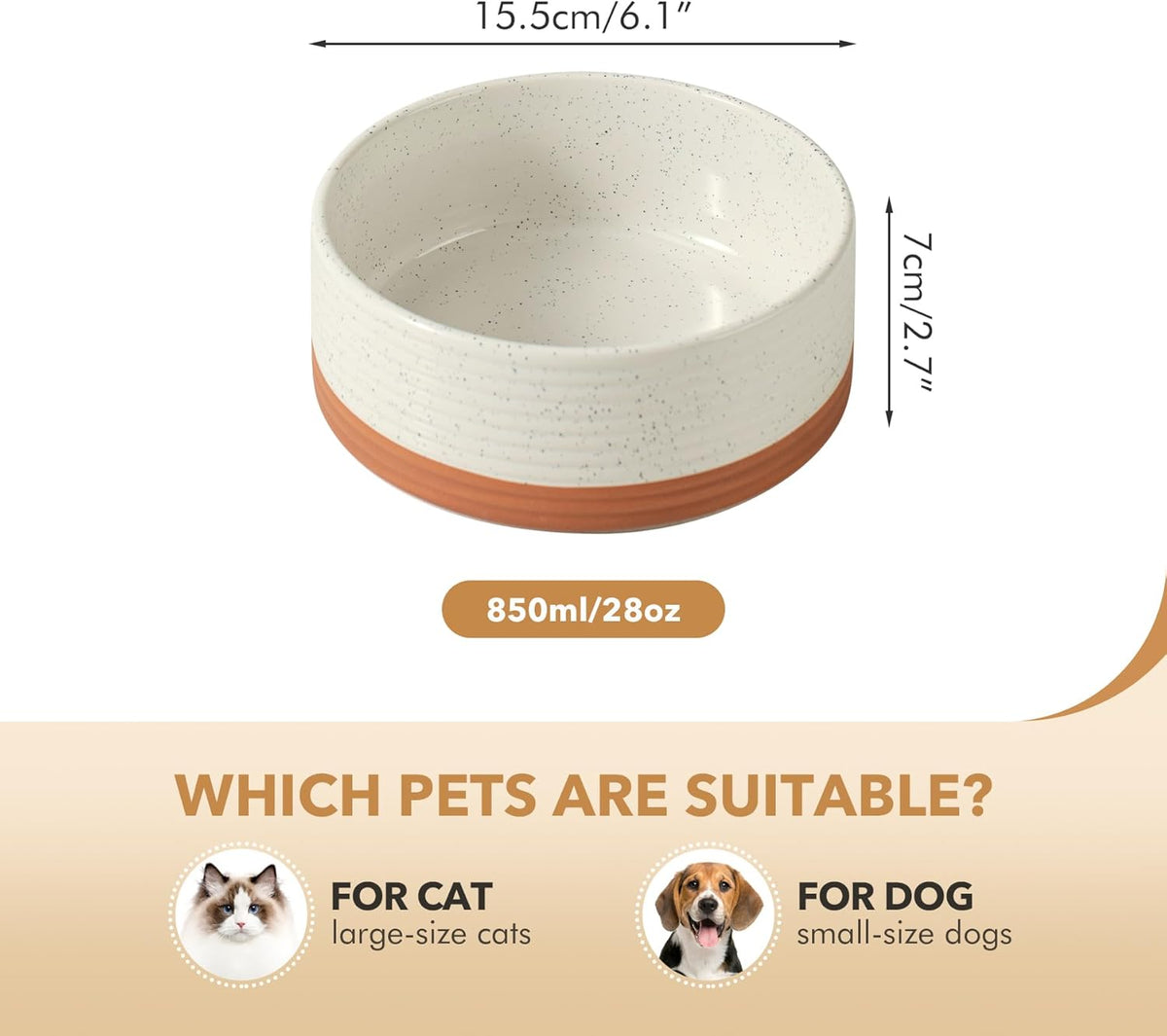 Ceramic 6.1inch Dog Bowl for Small Breed Dogs, Anti-Slip and Weighted Pet Food and Water
