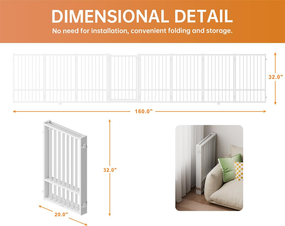 Full Metal Freestanding Dog Gate with Door, 32''Height Foldable Pet Dog Fence for Indoor & Outdoor