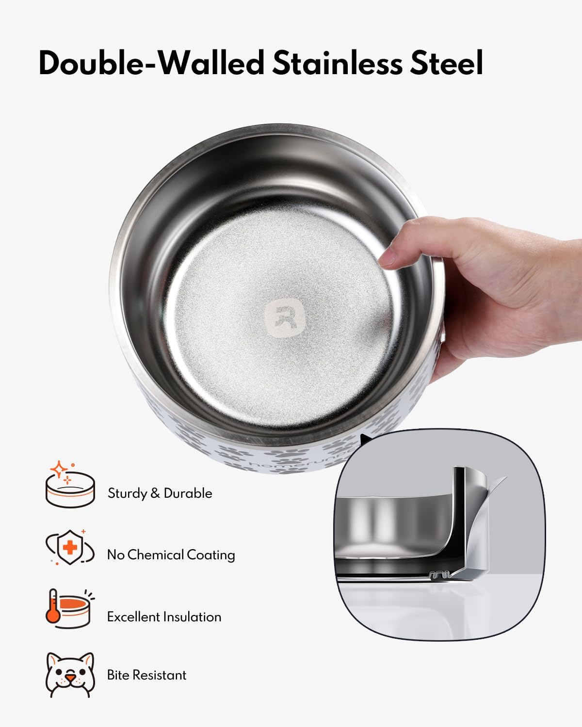 Dog Bowl, HomeRunPet Dog Food Water Bowl with Non-Slip Rubber Base, Metal Insulated Stainless Steel