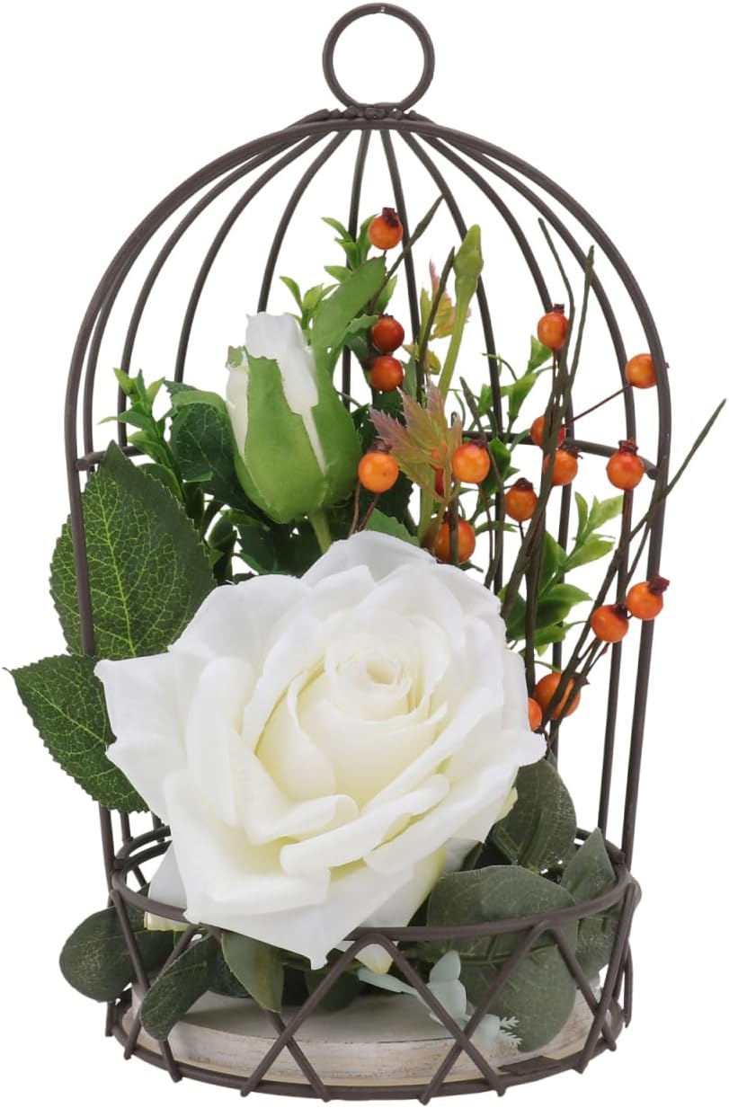 BESTOYARD Hanging Bird Cage Decor with White Simulation Rose Flowers for Home Wedding Table and