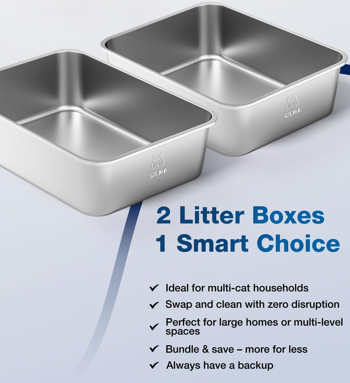2 Packs Stainless Steel Cat Litter Box, 17.5" L×13.6" W×5.9" H, Metal Kitty Litter Box with High