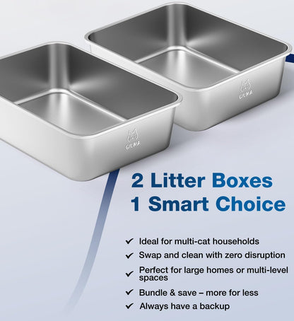 2 Packs Stainless Steel Cat Litter Box, 17.5" L×13.6" W×5.9" H, Metal Kitty Litter Box with High
