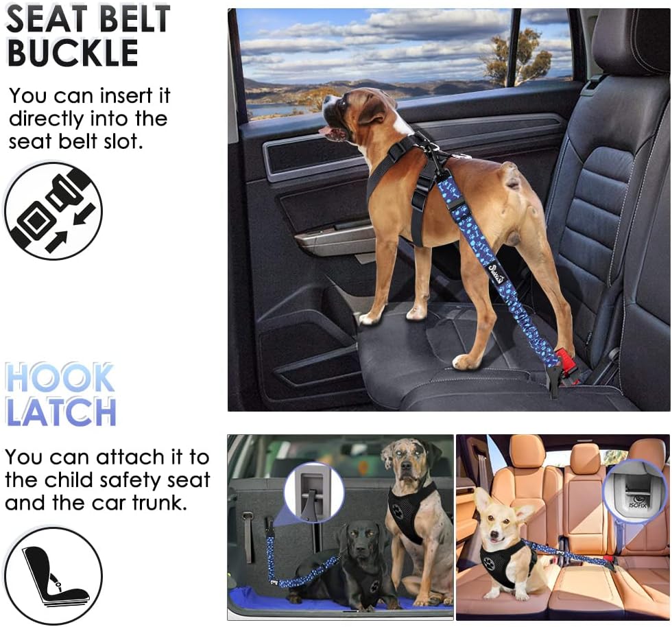 SlowTon Dog Seat Belt, Adjustable Dog Safety Belt Leash, 2 in 1 Latch Bar Attachment Dogs Car