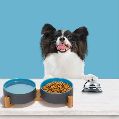 SPUNKYJUNKY Ceramic Dog and Cat Bowl Set with Wooden Stand, Modern Cute Weighted Food Water Set for