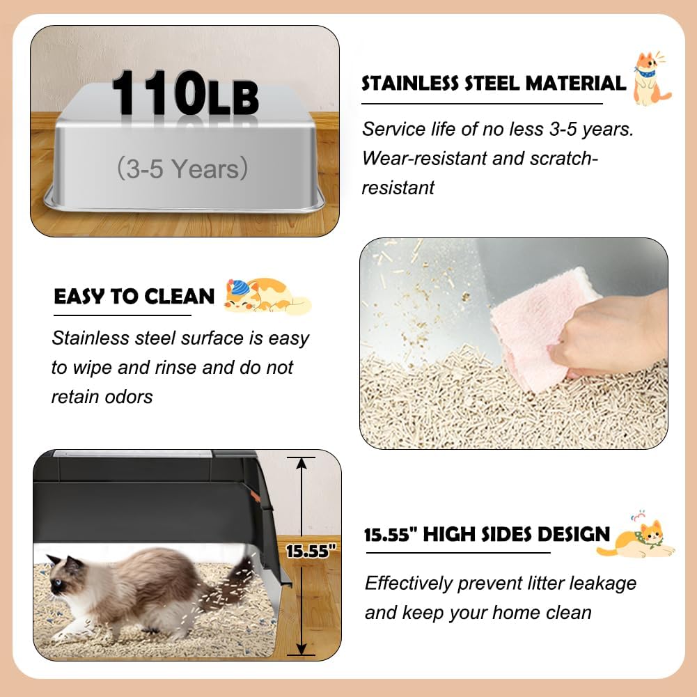 Vivifying Stainless Steel Litter Box, XL Side Entry Extra Large Litter Box with Lid for Big Cats &