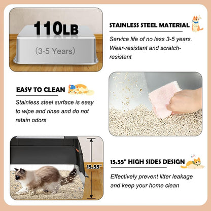 Vivifying Stainless Steel Litter Box, XL Side Entry Extra Large Litter Box with Lid for Big Cats &