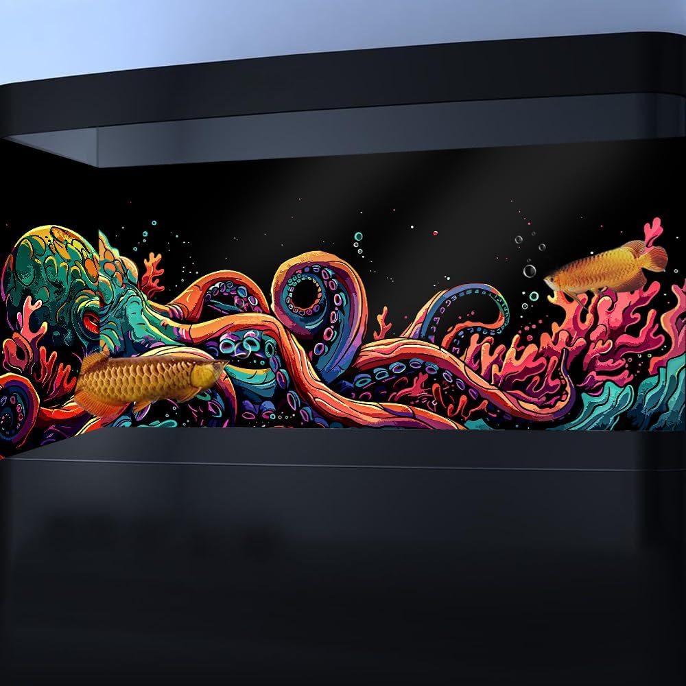 24X12IN Blacklight Octopus Sea Monster HD 3D Black Light Aquarium Background UV Reactive Background