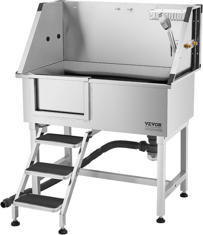 VEVOR Stainless Steel Dog Washing Station, 38 inch Pet Grooming Tub w/Storage Stairs, Faucet &