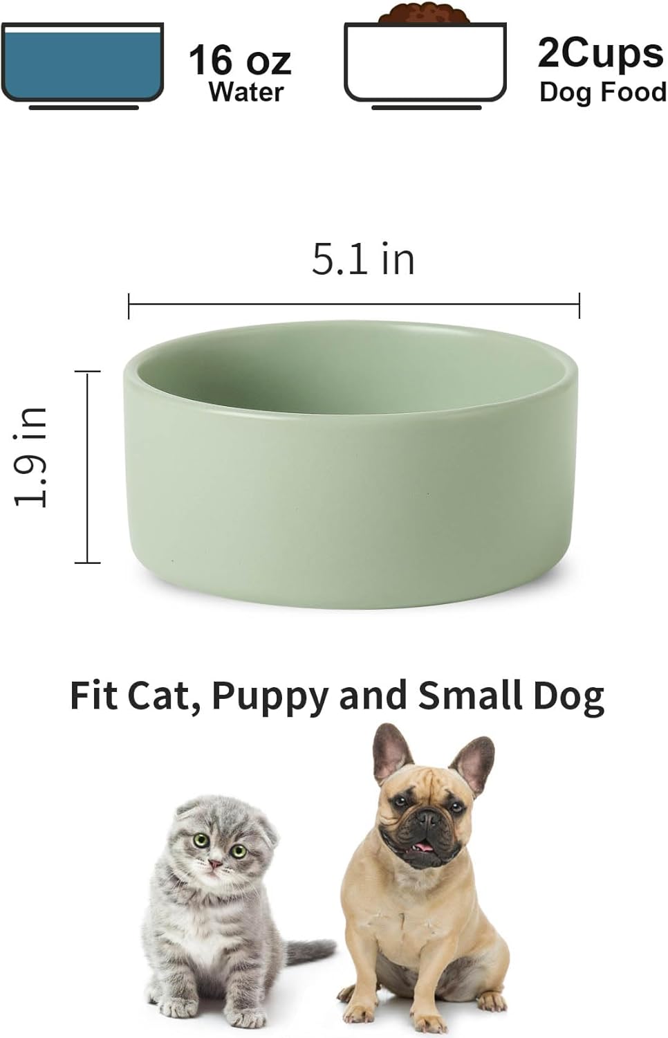 UBEE Ceramic Dog Bowl Set of 2, 5.1 inch Dog Dish Cat Food Bowl for Small Dogs and Large Cat, Pet