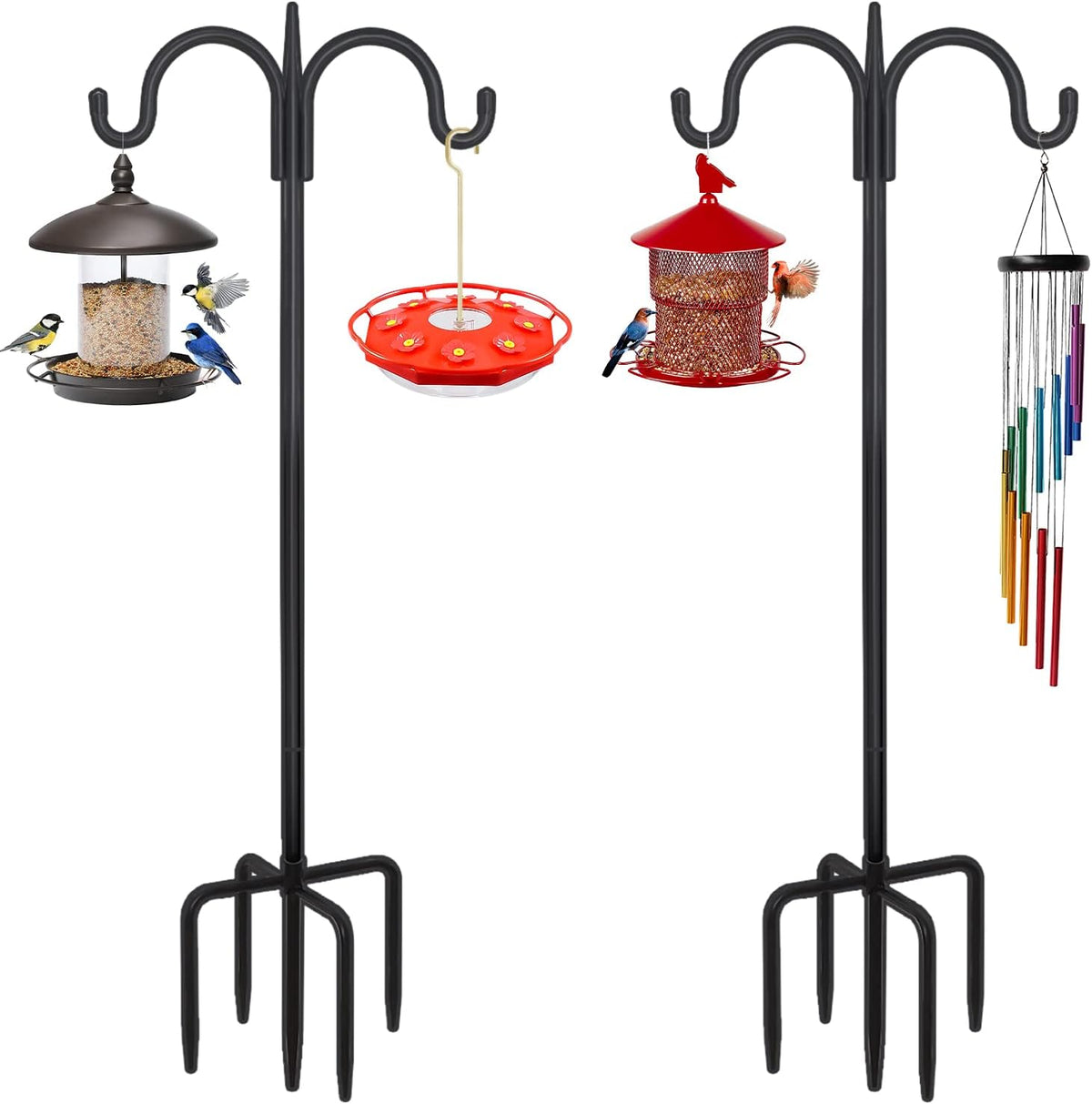 FEED GARDEN Adjustable Double Shepherds Hook for Outdoor with 5 Prong Base 92 Inch Heavy Duty Two