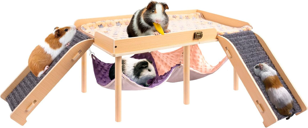Enlarged Guinea Pig Hammock with Platform and Stairs,Wooden Foldable Piggies Hideout for Guinea