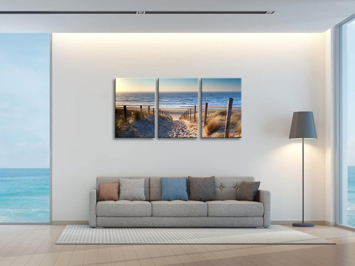 Wieco Art 3 Piece Beach Coastal Sand Dune Canvas Prints Modern Stretched Wall Art Seascape Pictures