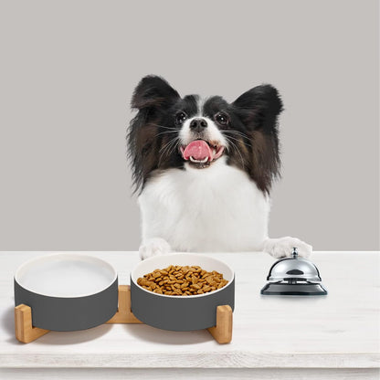 SPUNKYJUNKY Ceramic Dog and Cat Bowl Set with Wooden Stand, Modern Cute Weighted Food Water Set for