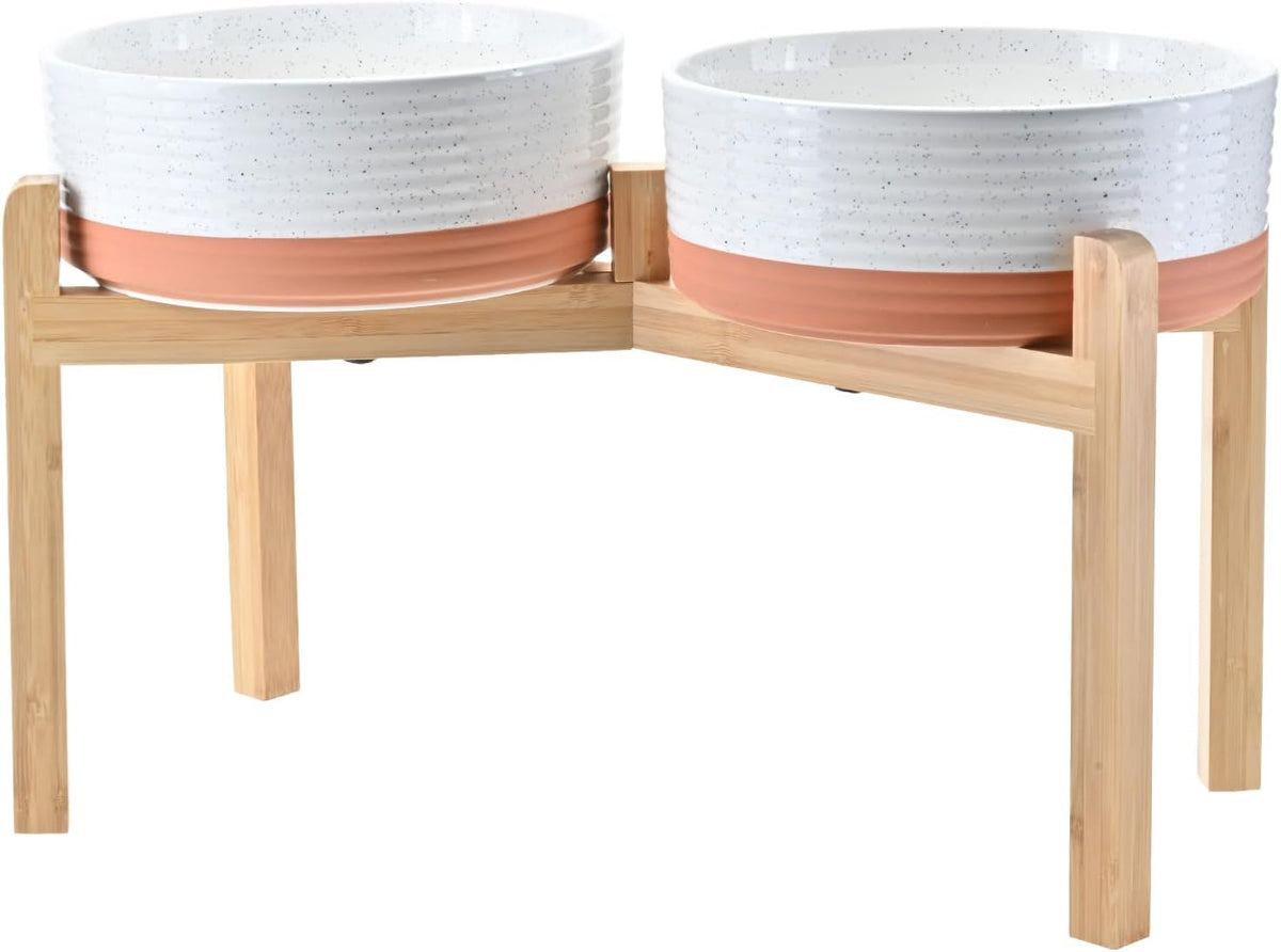 SPUNKYJUNKY Elevated Dog Bowls Ceramic, 8.3'' Dogs Food Water Bowls Raised with Non-Slip Bamboo
