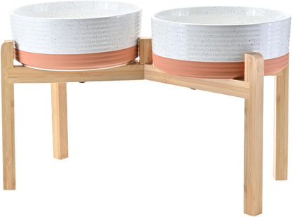 SPUNKYJUNKY Elevated Dog Bowls Ceramic, 8.3'' Dogs Food Water Bowls Raised with Non-Slip Bamboo