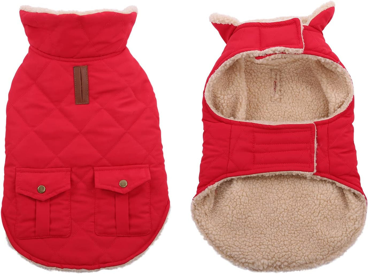 Queenmore Warm Dog Coat, Cold Weather Puffer Dog Jacket Ultra Thick Plush Lining with Storage