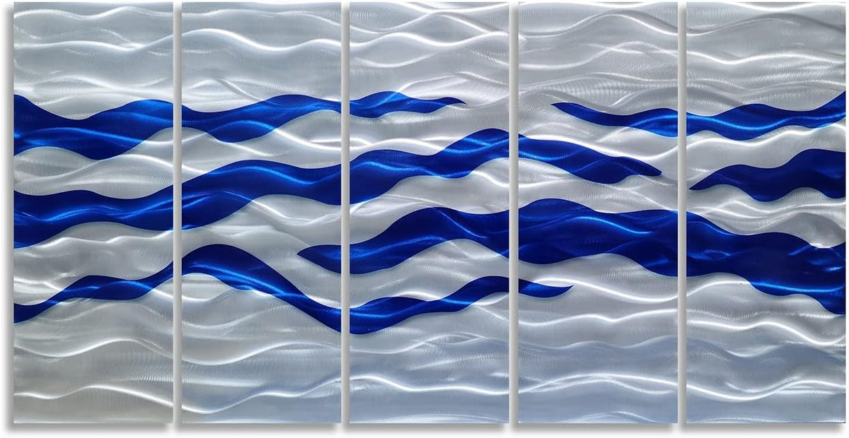 SYGALLERIER Abstract Coastal Metal Wall Art Handcrafted Big 3D Blue and Silver Artwork Modern Sea