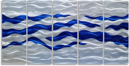SYGALLERIER Abstract Coastal Metal Wall Art Handcrafted Big 3D Blue and Silver Artwork Modern Sea