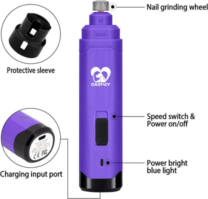 Casfuy Dog Nail Grinder Upgraded - Professional 2-Speed Electric Rechargeable Pet Nail Trimmer