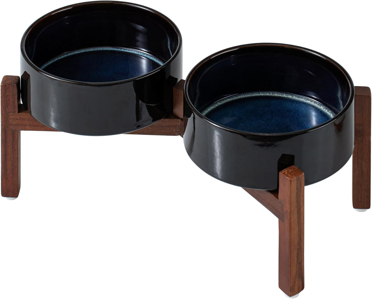 Ceramic 7.3inch Raised Double Dog Bowls Set with Acacia Wood Stand, Food & Water Bowls for Medium