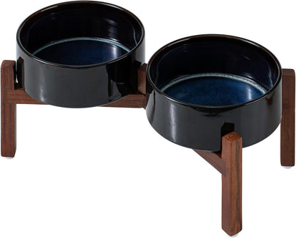 Ceramic 7.3inch Raised Double Dog Bowls Set with Acacia Wood Stand, Food & Water Bowls for Medium