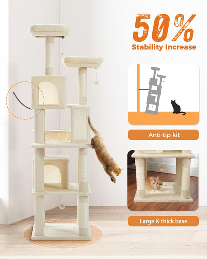 PAWZ Road 70 Inch Cat Tower, Tall Cat Tree with 2 Cozy Condos, 2 Plush Perch, Large Basket, 2