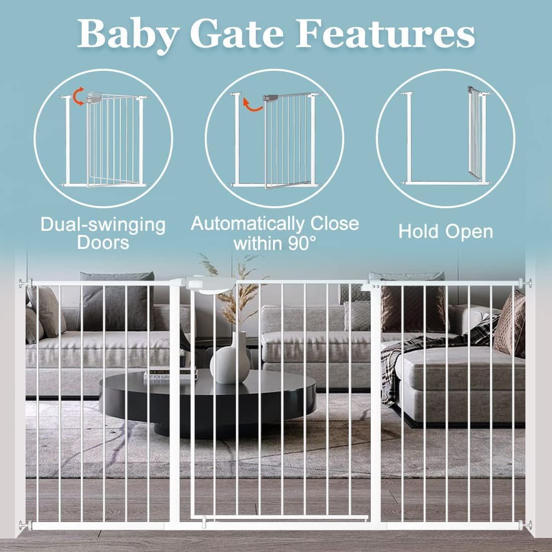 WAOWAO Triple Lock 49.21-66.54" Baby Gate Extra Wide Pressure Mounted Walk Through Swing Auto Close