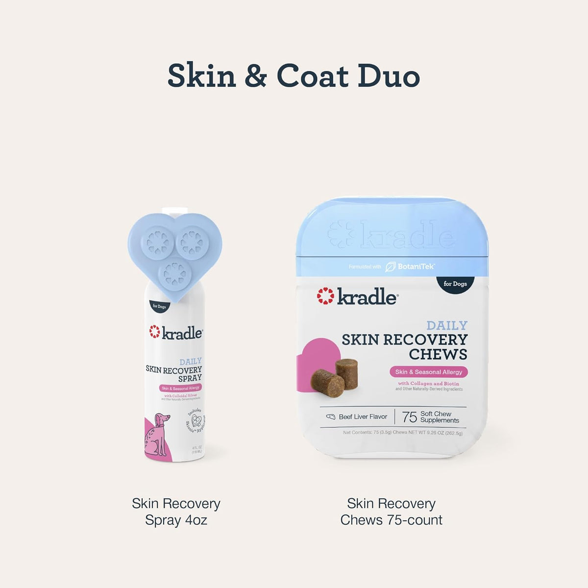 Kradle Skin Recovery Chews for Dogs - Biotin Collagen Zinc + Anti-Itch Spray - Soothes