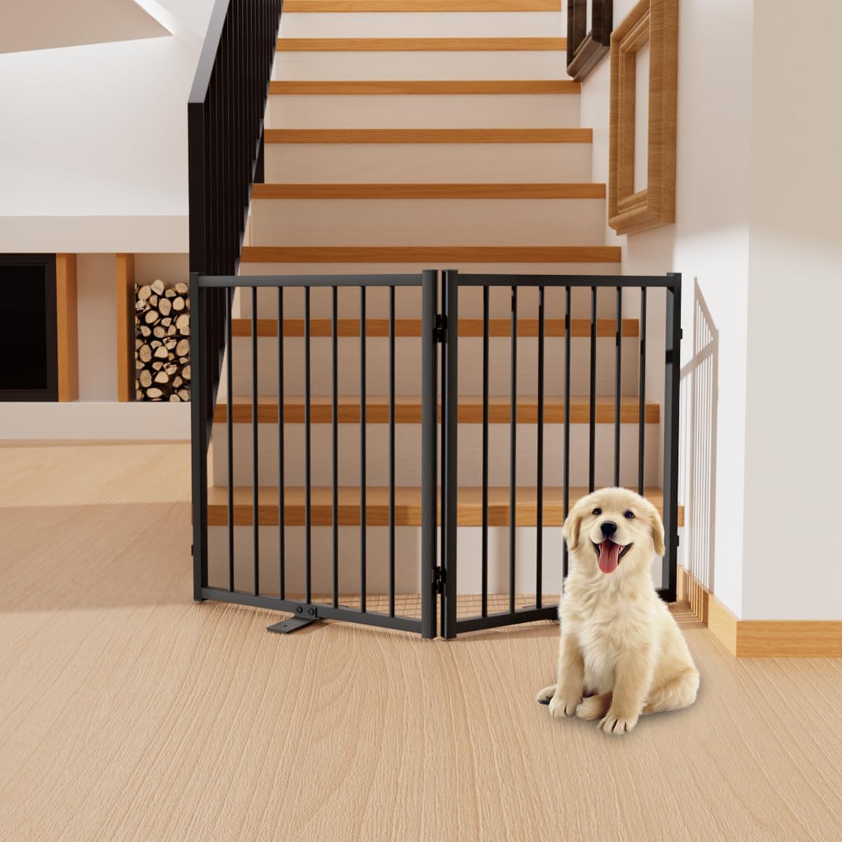 Full Metal Freestanding Dog Gate with Door, 24'' Height Foldable Pet Dog Fence for Indoor &