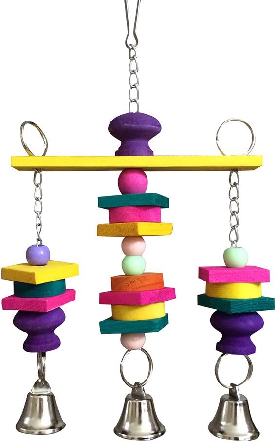 Hypeety Parrot Hanging Swing Bells Chew Toy Colorful Hanging Wood Block Natural Birds Toy for