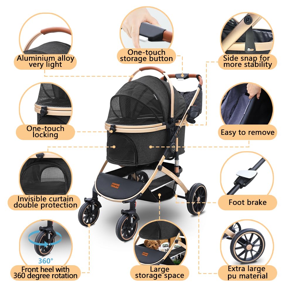 Pettingzoo Dog stroller with 4 Wheels, Folding Cat Stroller for Small/Medium/Large dogs & cats to