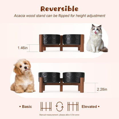 SPUNKYJUNKY Ceramic Elevated Dog Bowl Set with Acacia Wood Stand for Food and Water for Cats and