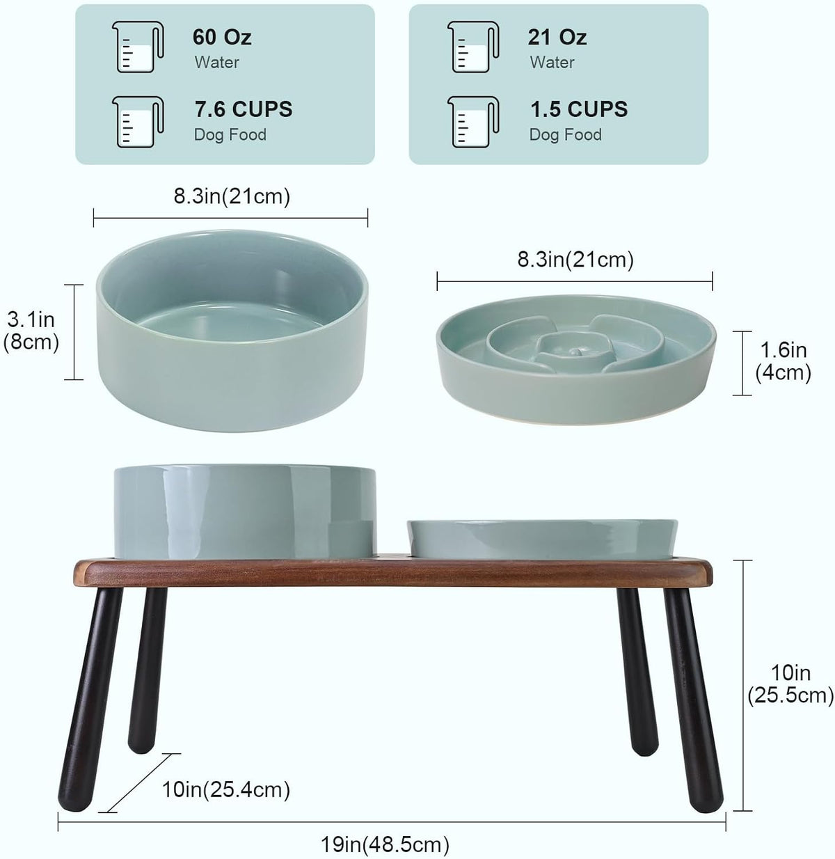 SPUNKYJUNKY Ceramic Elevated Dog Bowls with Slow Feeder Raised Acacia Bamboo Wooden Stand, 8.3''