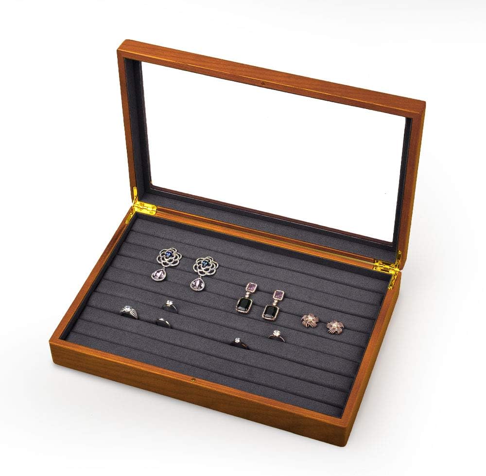 Oirlv Solid Wood Jewelry Display Box Rings Earrings Organizer Case with Acrylic Lid Vintage Gift