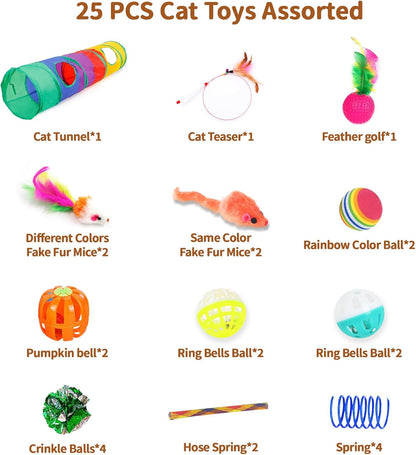 iCAGY 25-Piece Cat Toys Kit with Rainbow Tunnel - Interactive Cat Toy Bundle for Indoor Cats