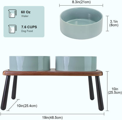 SPUNKYJUNKY Ceramic Elevated Dog Bowls Raised with Acacia Bamboo Wooden Stand, 8.3'' Dog Food Water