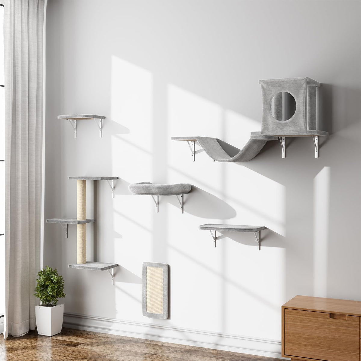 NUNU LAB Cat Wall Shelves, 6 Pcs Luxury Wall-Mounted Cat Climber Set, Indoor Cat Furniture with 1