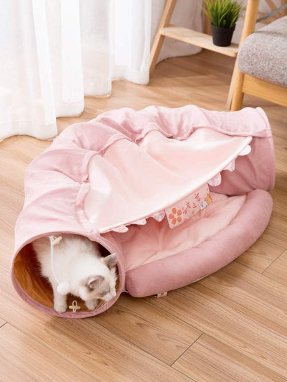 2 in 1 Cat Tunnel Bed Tube with Cushion and Plush Ball Toy Playground Crinkle Collapsible for Large