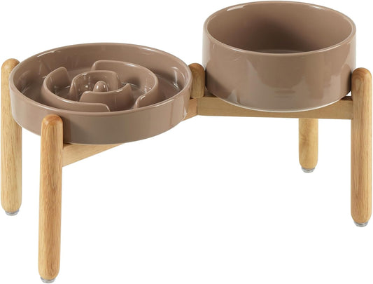 Ceramic Raised Slow Feeder Dog Bowl Set, Elevated 6.1inch Bowl and 7.3inch Puzzle Slow Food Dish