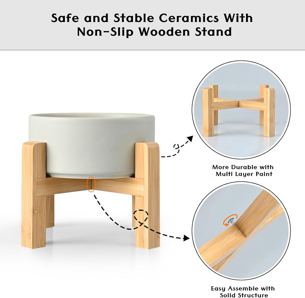 SPUNKYJUNKY Ceramic Elevated Dog Bowls 2 Pack - 5.1inch Raised Dog Bowls with Non-Slip Wooden Stand