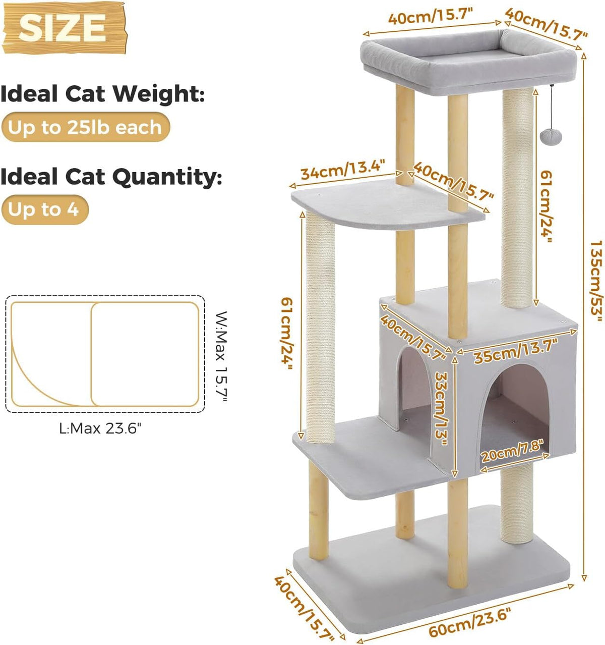 PAWZ Road Large Cat Tree, 53 Inches Modern Wooden Cat Tower for Indoor Cats, Multi-Level Cat Condos