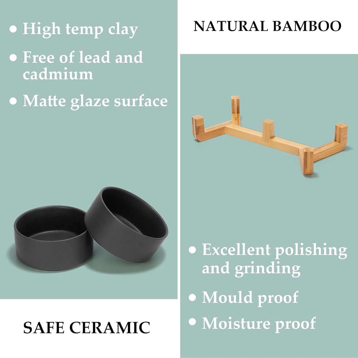 SPUNKYJUNKY Ceramic Dog and Cat Bowl Set with Wooden Stand, Modern Cute Weighted Food Water Set for