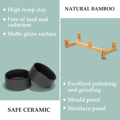 SPUNKYJUNKY Ceramic Dog and Cat Bowl Set with Wooden Stand, Modern Cute Weighted Food Water Set for