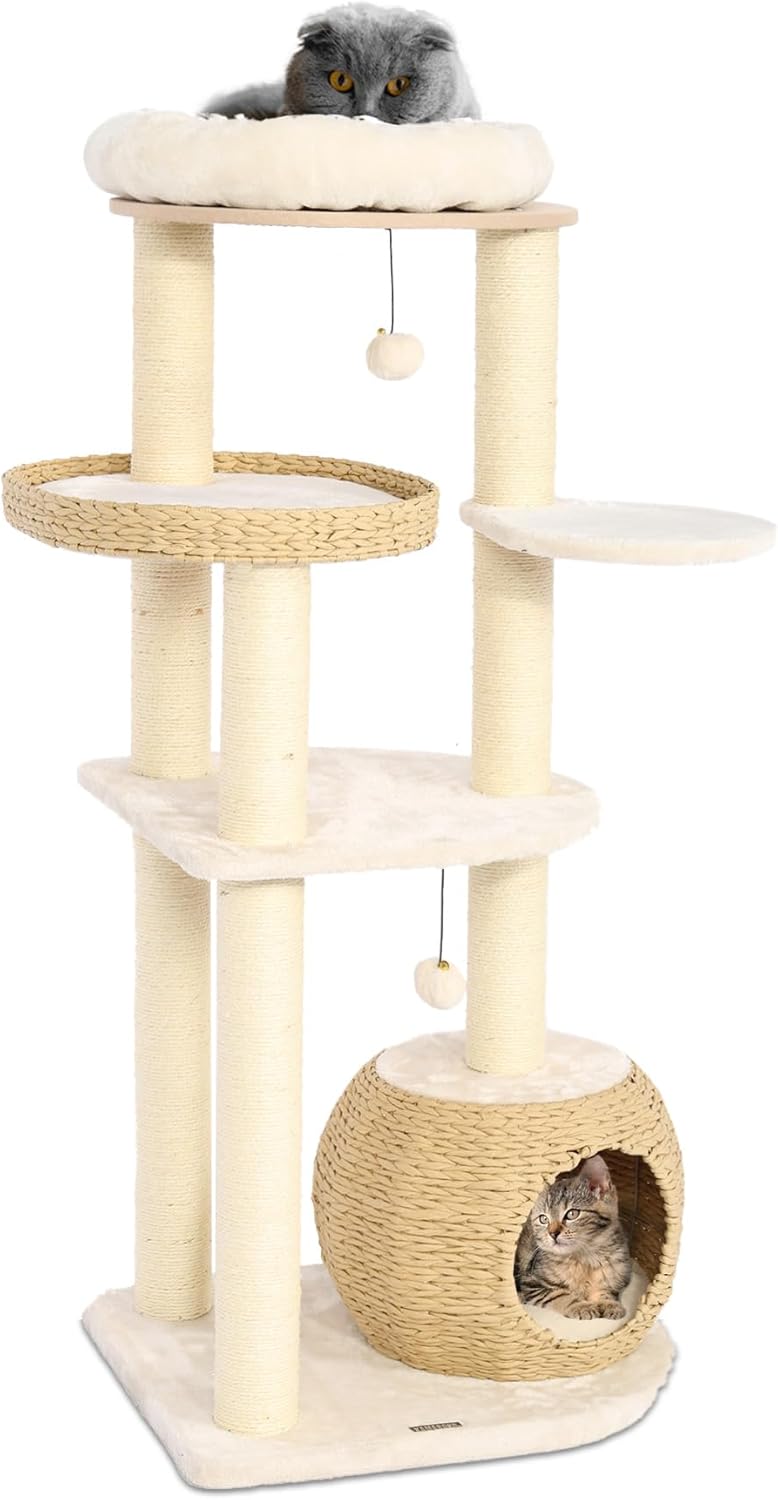 KAMABOKO Modern Cat Tree, 53" Cat Tower for Indoor Cats Natural Sisal Scratching Posts, Hand-Woven
