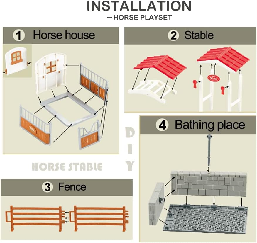 Peagrav Horse Stable Playset with Rider, Wash Area, Fence & Animal Figures - Gifts for Girls & Boys